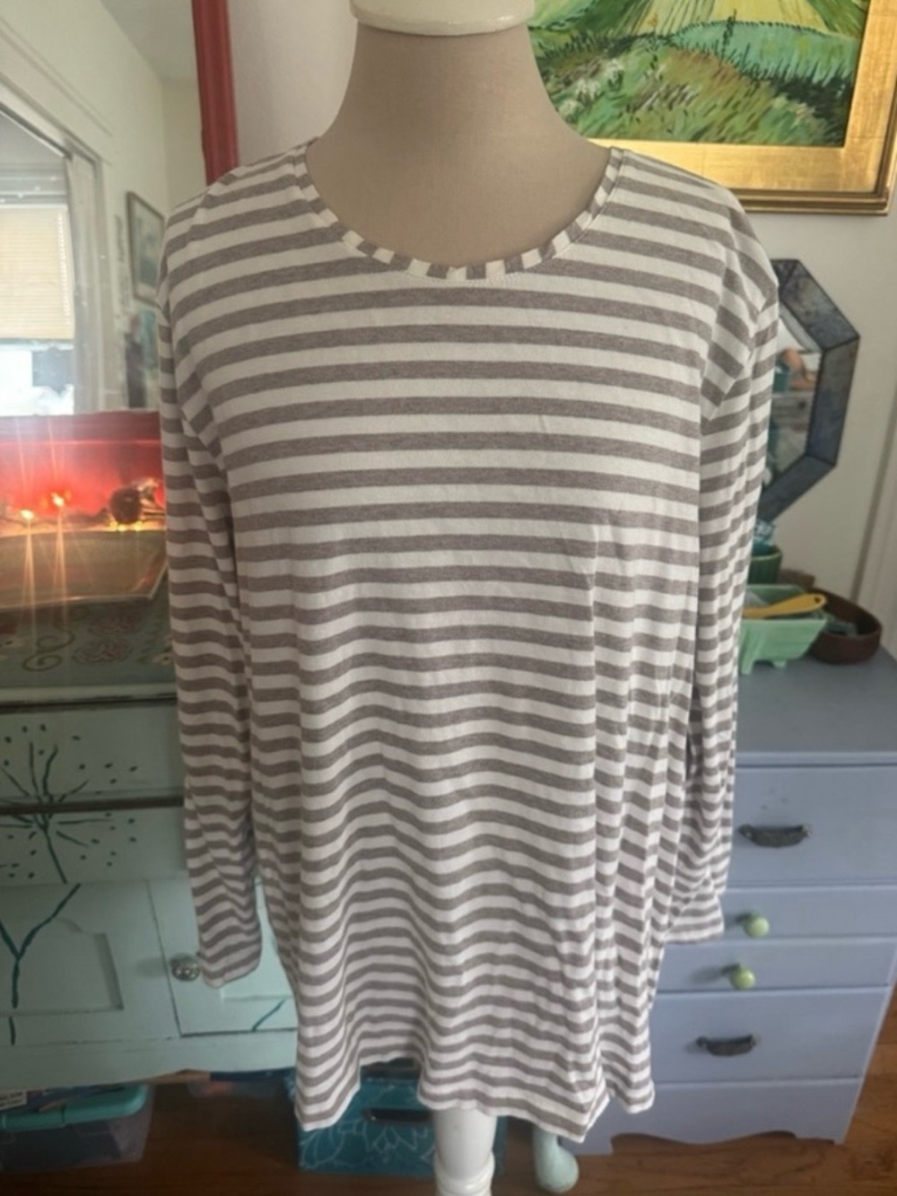 Gudrun Sjoden Striped Long Sleeve Cotton Tee Knit Top L Tan Off White VGUC